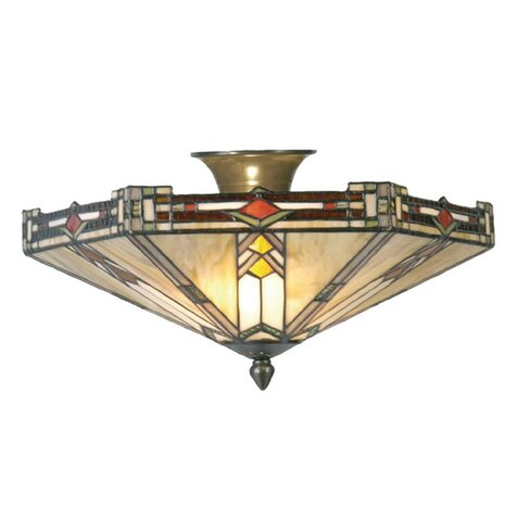 Tiffany-plafondlamp-hanglamp-Art-Deco-beige-bruin-metaal-glas-plafonniere