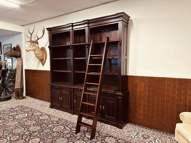 Klassiek-Engels-Antiek-Oud-Mahonie-Boekenkast-Bibliotheekkast-Kast-met-Ladder