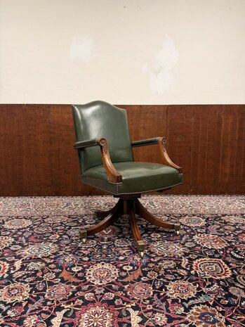 Klassiek-Engels-Antiek-Oud-Chesterfield-Bureaustoel-President-Chair-Groen-Leder