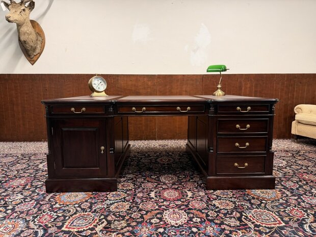 Groot-Klassiek-Engels-Antiek-Bureau-Partnerdesk-Lederen-Inleg