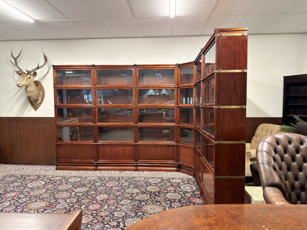 Klassiek-Oud-Engels-Antiek-Chesterfield-Originele-Globe-Wernicke-Modulaire-Boekenkast-Hoekkast-Bibliotheekkast-Vitrinekast