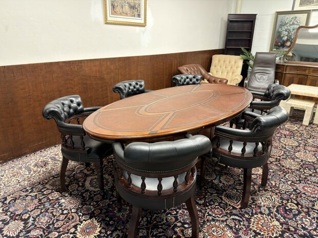 Klassiek-Oud-Antiek-Engels-Chesterfield-Globe-Wernicke-Vergadertafel-Conferentietafel-Tafel-met-Bruin-Lederen-Inleg