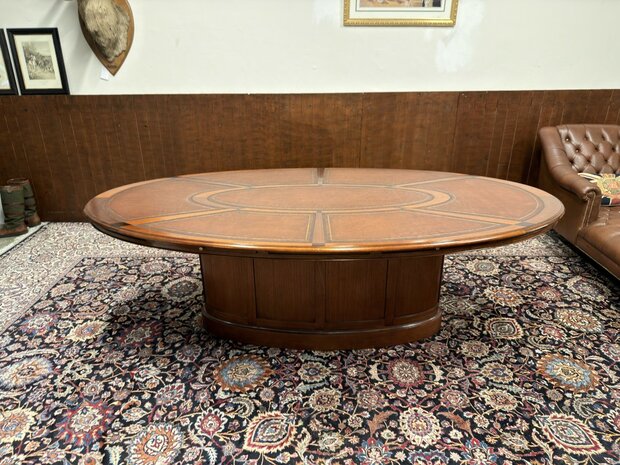 Klassiek-Oud-Antiek-Engels-Chesterfield-Globe-Wernicke-Vergadertafel-Conferentietafel-Tafel-met-Bruin-Lederen-Inleg