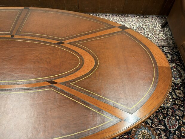 Klassiek-Oud-Antiek-Engels-Chesterfield-Globe-Wernicke-Vergadertafel-Conferentietafel-Tafel-met-Bruin-Lederen-Inleg