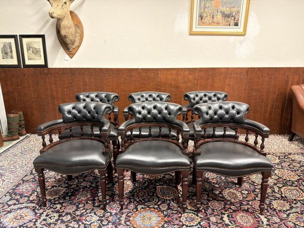 Klassiek-Oud-Antiek-Engels-Springvale-Chesterfield-Zwart-Lederen-Bureaustoel-Stoel-Captain-Chair