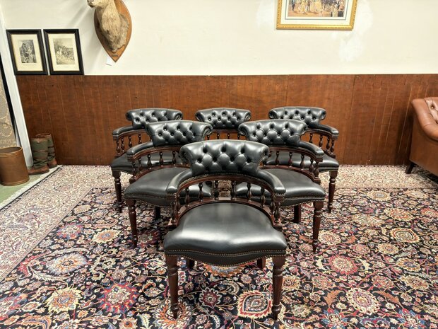 Klassiek-Oud-Antiek-Engels-Springvale-Chesterfield-Zwart-Lederen-Bureaustoel-Stoel-Captain-Chair