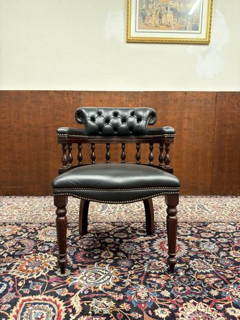 Klassiek-Oud-Antiek-Engels-Springvale-Chesterfield-Zwart-Lederen-Bureaustoel-Stoel-Captain-Chair