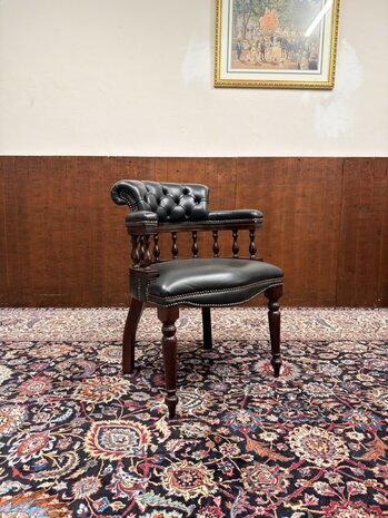 Klassiek-Oud-Antiek-Engels-Springvale-Chesterfield-Zwart-Lederen-Bureaustoel-Stoel-Captain-Chair
