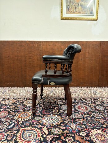 Klassiek-Oud-Antiek-Engels-Springvale-Chesterfield-Zwart-Lederen-Bureaustoel-Stoel-Captain-Chair