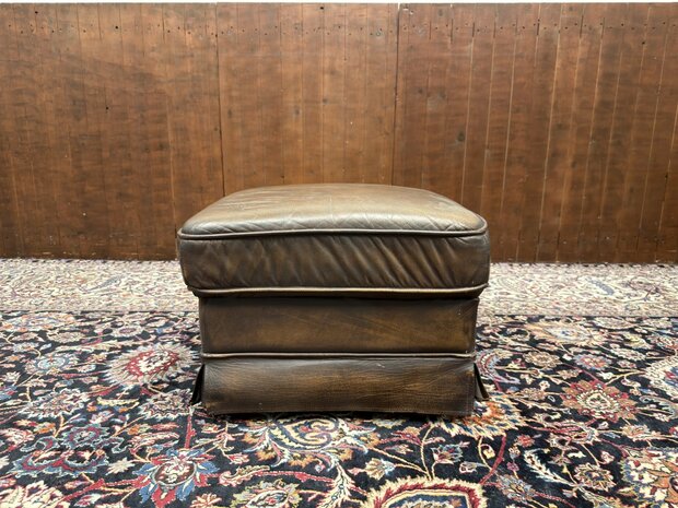 Klassiek-Oud-Antiek-Engels-Chesterfield-Bruin-Lederen-Poef-Hocker-Ottoman