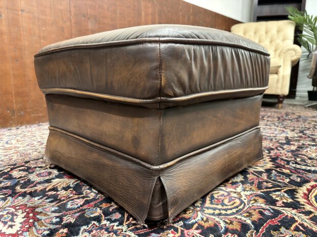 Klassiek-Oud-Antiek-Engels-Chesterfield-Bruin-Lederen-Poef-Hocker-Ottoman
