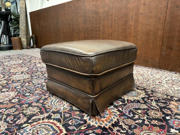 Klassiek-Oud-Antiek-Engels-Chesterfield-Bruin-Lederen-Poef-Hocker-Ottoman