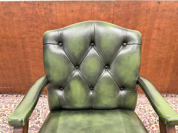 Klassiek-Oud-Antiek-Engels-Chesterfield-Bureaustoel-President-Chair-Groen-Leder