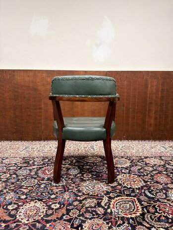 Klassiek-Oud-Antiek-Engels-Chesterfield-GroenLederen-Bureaustoel-Stoel-Chair