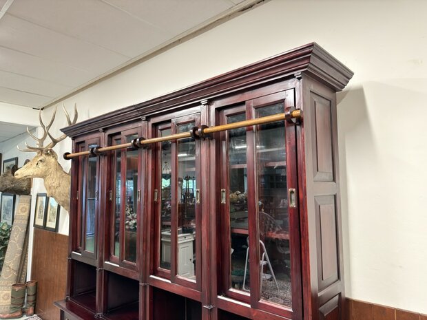 Klassiek-Oud-Antiek-Engels-Chesterfield-Mahoniehout-Mahonie-Boekenkast-Bibliotheekkast-met-Ladder