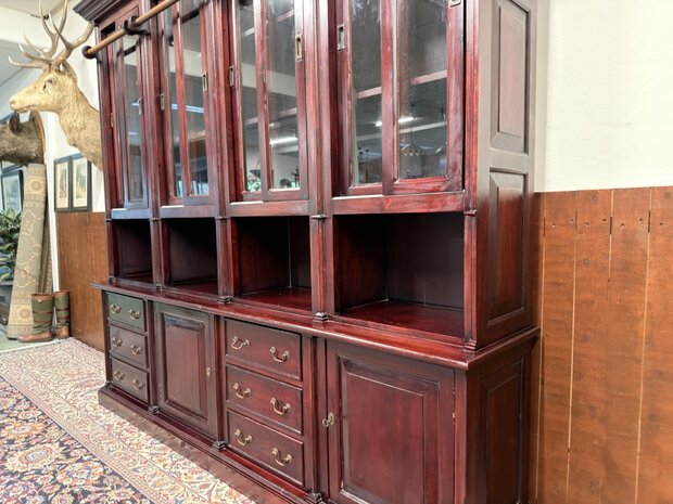 Klassiek-Oud-Antiek-Engels-Chesterfield-Mahoniehout-Mahonie-Boekenkast-Bibliotheekkast-met-Ladder