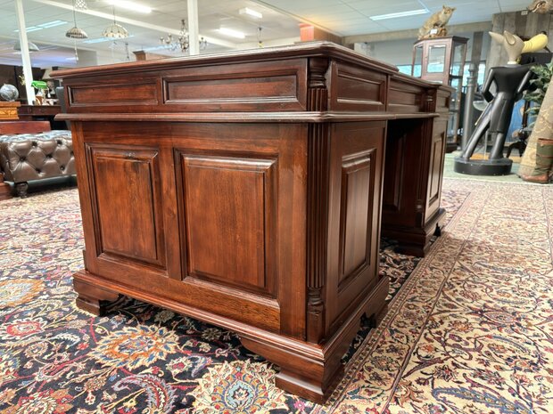 Antiek-Oud-Engels-Klassiek-Chesterfield-Bureau-Desk-Mahoniehout-met-Groen-Leder