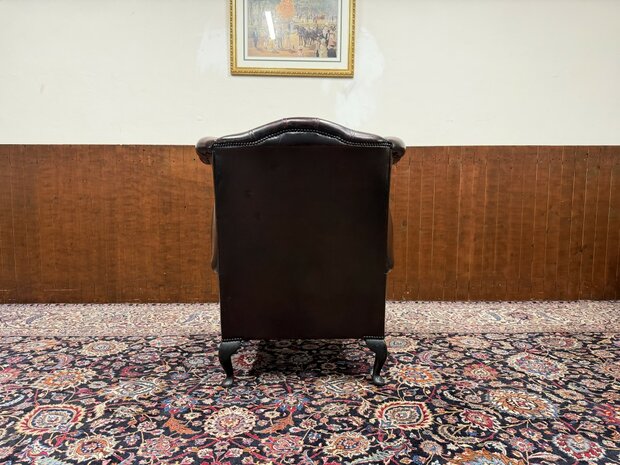 Klassiek-Engels-Antiek-Oud-Chesterfield-Lederen-Oxblood-Fauteuil-Oorfauteuil