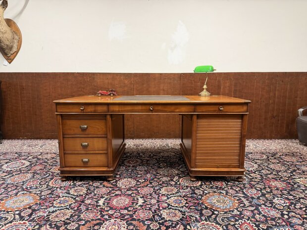 Klassiek-Antiek-Oud-Italiaans-Assi-D'Asolo-Chesterfield-Bureau-Desk-met-Zwart-Leer-Ingelegd