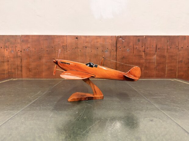 Klassiek-Engels-Antiek-Oud-Mahoniehouten-Modelvliegtuig-Schaalvliegtuid-Spitfire-Vliegtuig