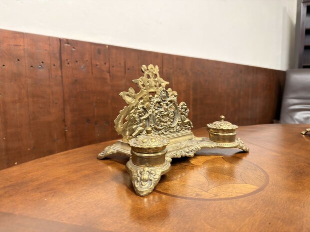 Klassiek-Engels-Antiek-Oud-Messing-Inktstel-met-Briefhouder-en-Postzegel-Kist