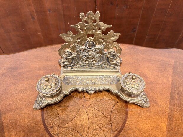 Klassiek-Engels-Antiek-Oud-Messing-Inktstel-met-Briefhouder-en-Postzegel-Kist