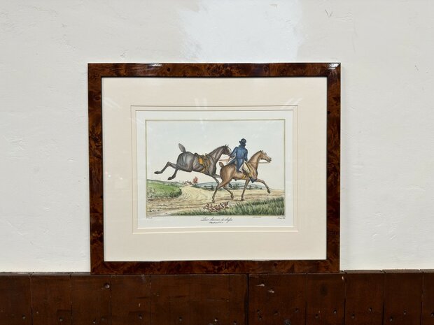 Klassiek-Antiek-Oud-Franse-Prent-Deux-Chevaux-De-Chasse