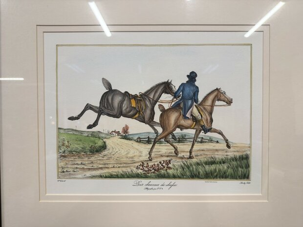 Klassiek-Antiek-Oud-Franse-Prent-Deux-Chevaux-De-Chasse-1
