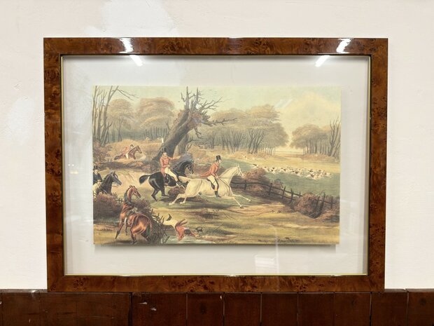 Klassiek-Oud-Antiek-Engels-Prent-Breaking-Cover-Wortelnotenhout-Lijst