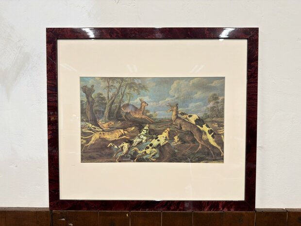 Klassiek-Oud-Antiek-Engels-Prent-met-Wortelnotenhout-Lijst