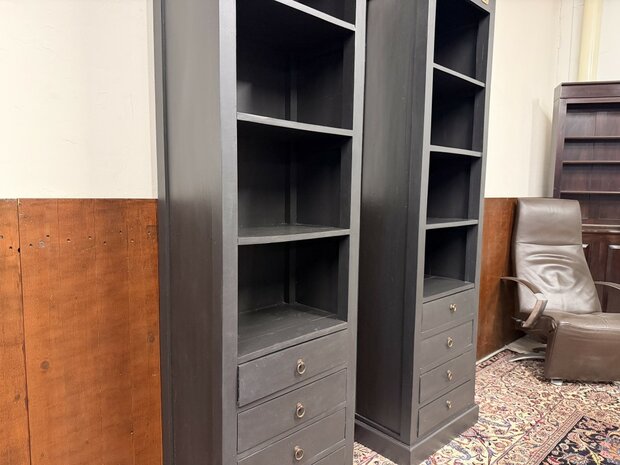 Klassiek-Engels-Antiek-Oud-Chesterfield-Teak-Boekenkast-Kast-Zwart