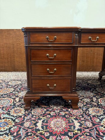 Klassiek-Oud-Antiek-Engels-Chesterfield-Vintage-Bureau-Bureel-Desk-Partnerdesk-Mahonie-Groen-Leder-8