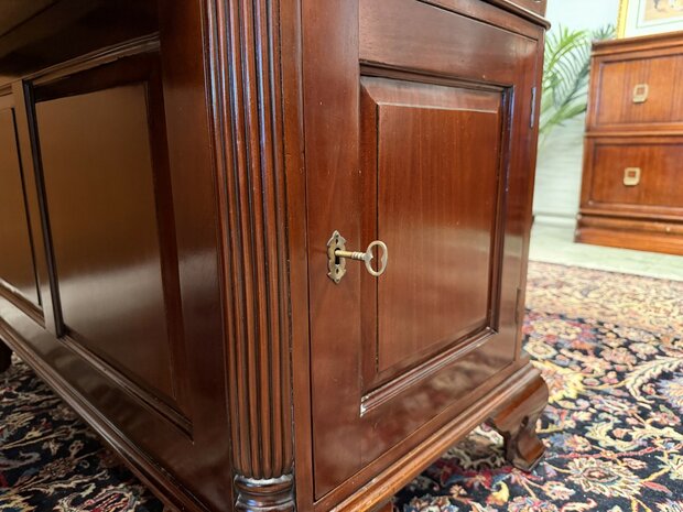 Klassiek-Oud-Antiek-Engels-Chesterfield-Vintage-Bureau-Bureel-Desk-Partnerdesk-Mahonie-Groen-Leder-12