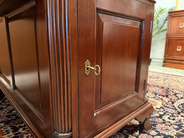 Klassiek-Oud-Antiek-Engels-Chesterfield-Bureau-Bureel-Desk-Partnerdesk-Mahonie-Groen-Leder-12