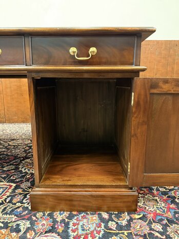 Klassiek-Oud-Antiek-Engels-Chesterfield-Vintage-Bureau-Bureel-Desk-Partnerdesk-Mahonie-Groen-Leder-13