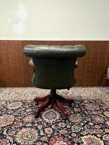 Klassiek-Oud-Antiek-Engels-Antiek-Vintage-Chesterfield-Bureaustoel-President-Chair-Groen-Leder