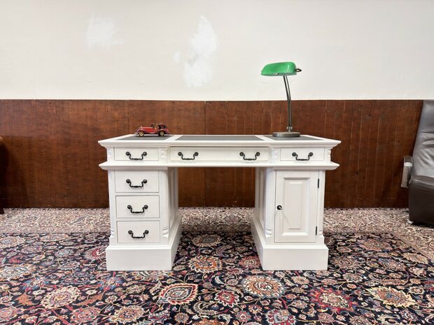 Klassiek-Oud-Antiek-Engels-Antiek-Vintage-Chesterfield-Wit-Bureau-Desk-Partnerdesk-Zwart-Leder