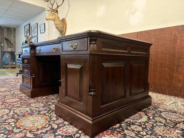 Klassiek-Oud-Antiek-Engels-Antiek-Vintage-Chesterfield-Bureau-Desk-Partnerdesk-Groen-Leder