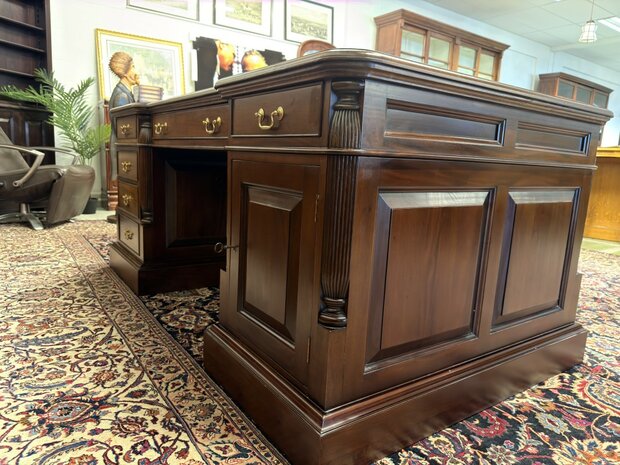 Klassiek-Oud-Antiek-Engels-Antiek-Vintage-Chesterfield-Bureau-Desk-Partnerdesk-Groen-Leder