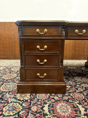 Klassiek-Oud-Antiek-Engels-Antiek-Vintage-Chesterfield-Bureau-Desk-Partnerdesk-Groen-Leder