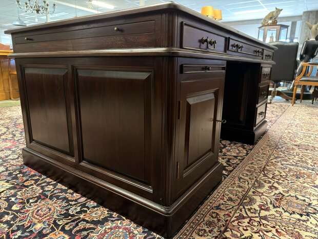Klassiek-Oud-Antiek-Engels-Antiek-Vintage-Chesterfield-Bureau-Desk-Partnerdesk-Bruin-Leder
