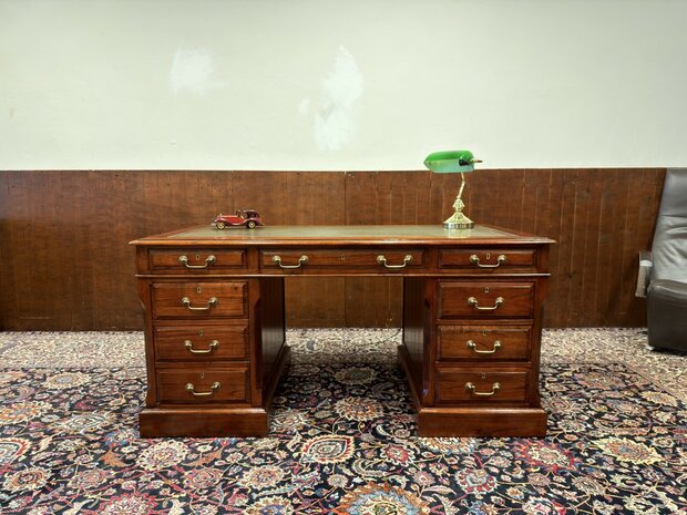 Klassiek-Antiek-Oud-Engels-Chesterfield-Vintage-Origineel-Globe-Wernicke-Bureau-Desk-Mahoniehout-Groen-Leder