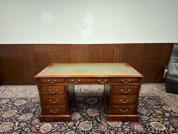 Klassiek-Antiek-Oud-Engels-Chesterfield-Vintage-Origineel-Globe-Wernicke-Bureau-Desk-Mahoniehout-Groen-Leder