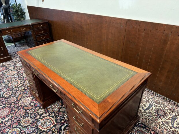 Klassiek-Antiek-Oud-Engels-Chesterfield-Vintage-Origineel-Globe-Wernicke-Bureau-Desk-Mahoniehout-Groen-Leder