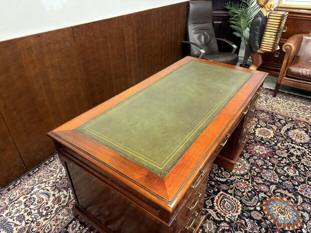 Klassiek-Antiek-Oud-Engels-Chesterfield-Vintage-Origineel-Globe-Wernicke-Bureau-Desk-Mahoniehout-Groen-Leder