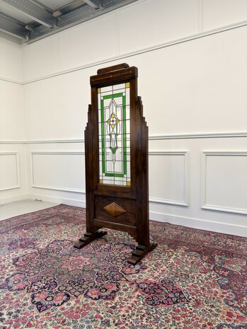 Klassiek-Engels-Oud-Antiek-Vintage-Chesterfield-Mahonie-Kamerscherm-Room-Divider-Glas-In-Lood
