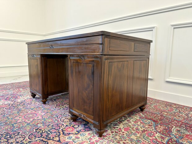 Klassiek-Engels-Oud-Antiek-Vintage-Chesterfield-Mahonie-Bureau-Desk-Zwart-Leder