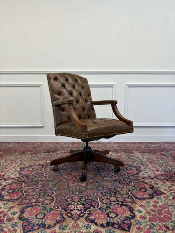 Klassiek-Antiek-Engels-Vintage-Chesterfield-Bureaustoel-President-Chair-Bruin-Leder