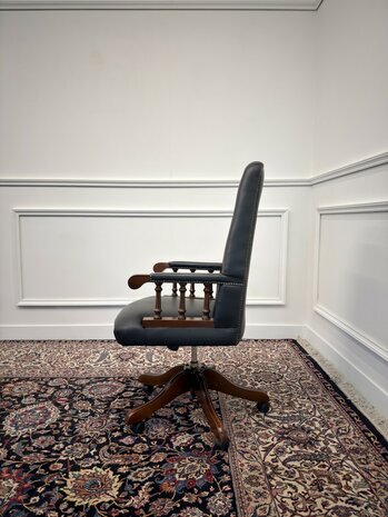 Klassiek-Engels-Antiek-Oud-Chesterfield-Vintage-Bureaustoel-President-Chair-Zwart-Leder