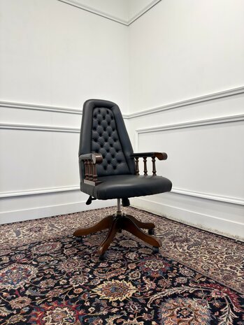 Klassiek-Engels-Antiek-Oud-Chesterfield-Vintage-Bureaustoel-President-Chair-Zwart-Leder